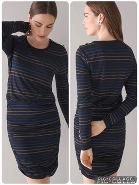 WHBM Dress Black Lurex Ruched Mini Striped Blouson Shimmer NWT 8